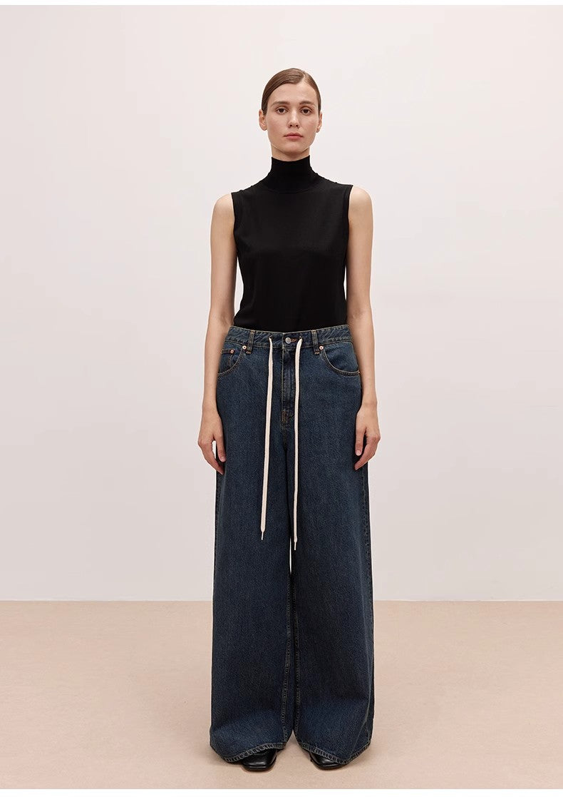 "Retro Blues" fashionable high waist pleated design washed casual wide