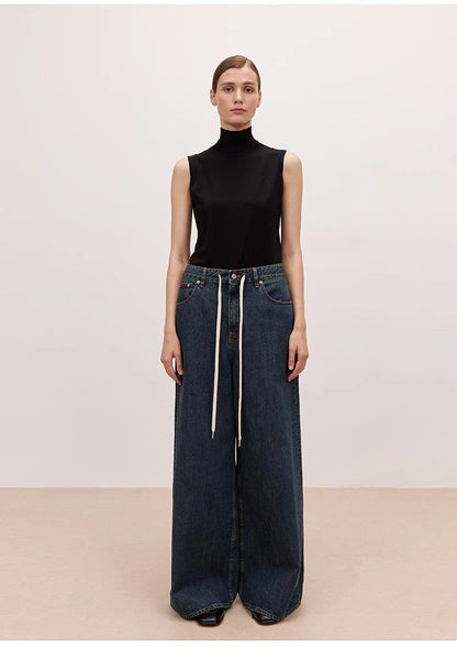 "Retro Blues" fashionable high waist pleated design washed casual wide