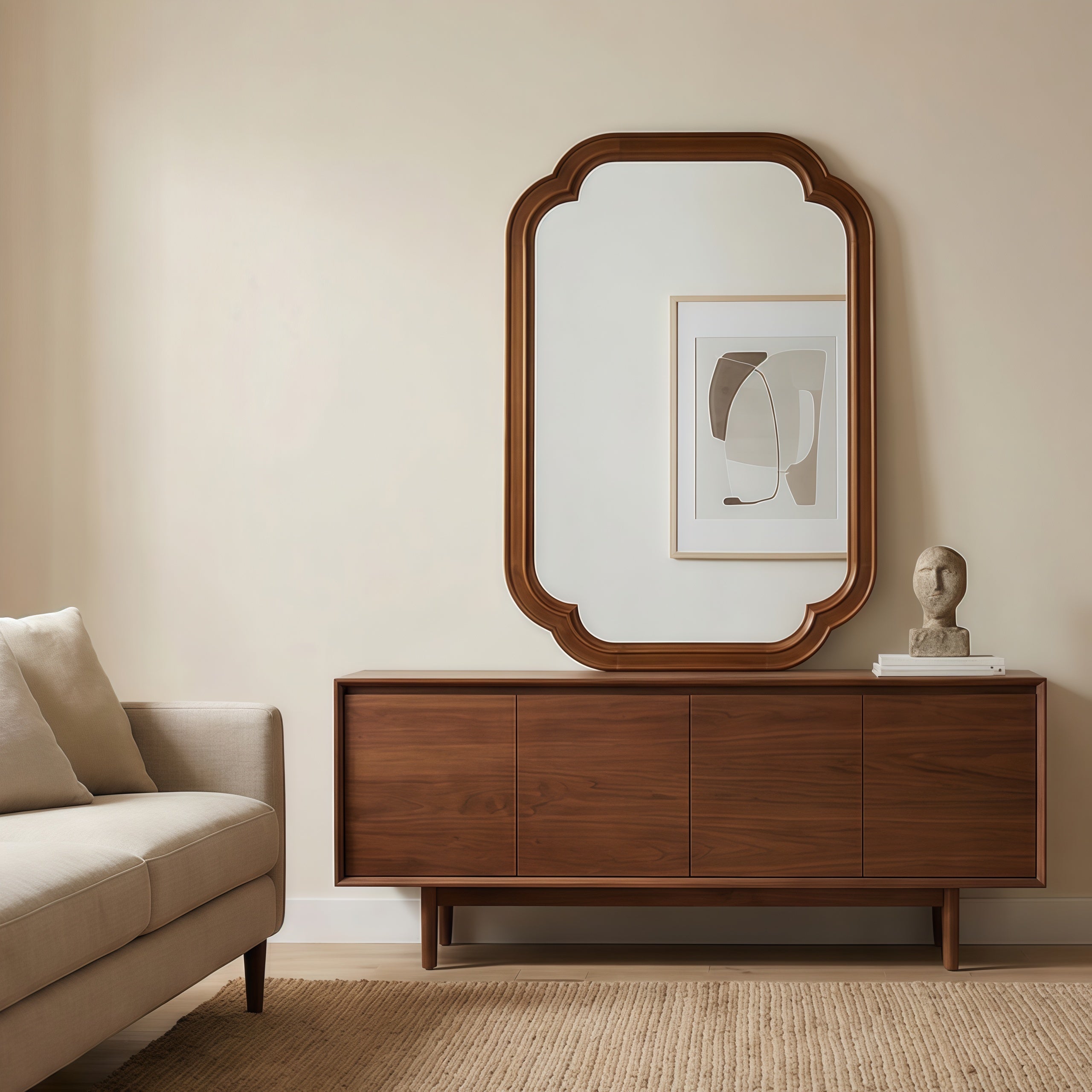 Solid Wood Frame Rounded Corner Decorative Mirror, For Bedroom,