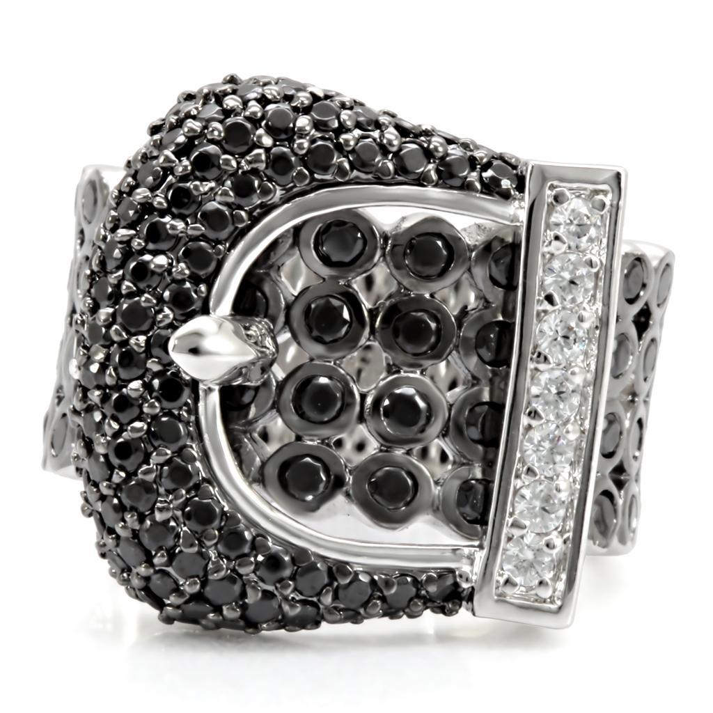 1W048 - Rhodium + Ruthenium Brass Ring with AAA Grade CZ  in Black