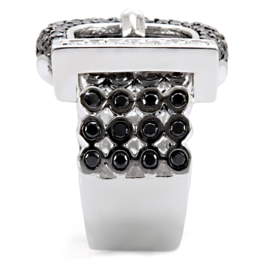 1W048 - Rhodium + Ruthenium Brass Ring with AAA Grade CZ  in Black