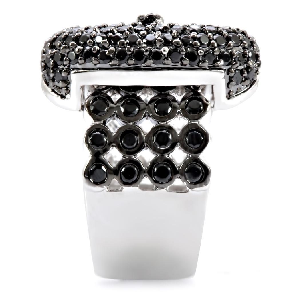 1W048 - Rhodium + Ruthenium Brass Ring with AAA Grade CZ  in Black