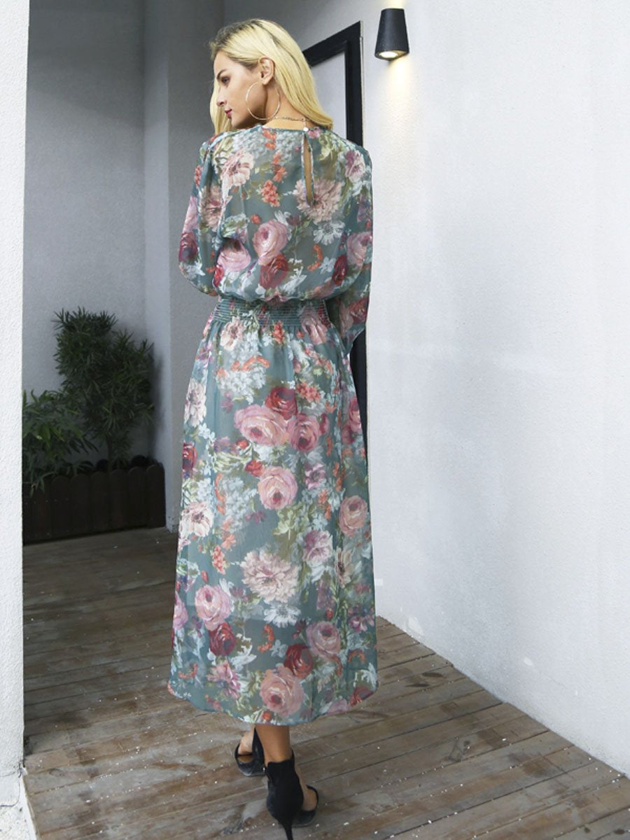 Elegant floral print long dress women two piece
