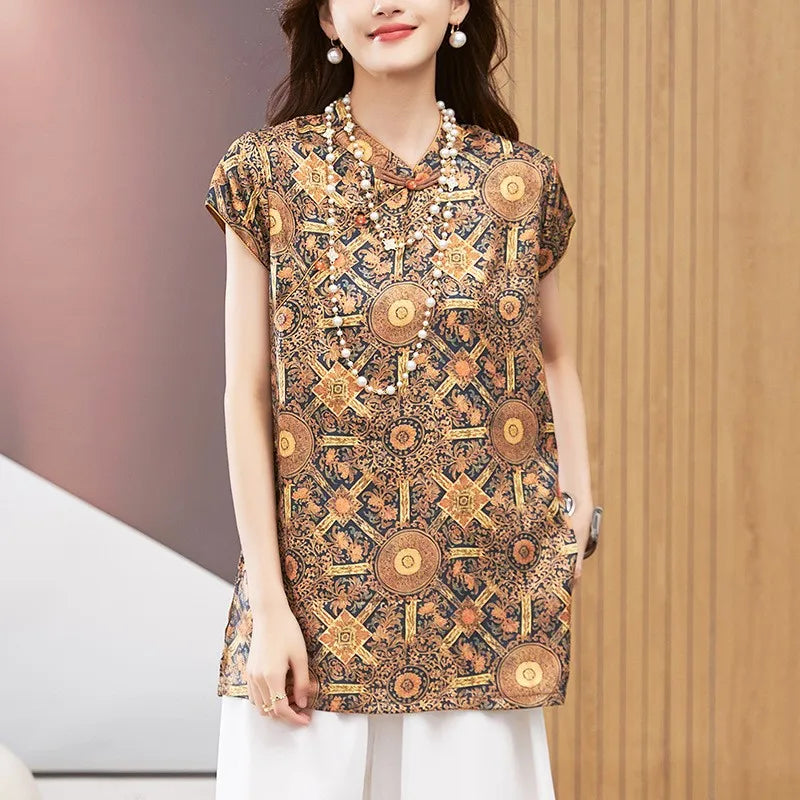 Women's Blouse Short Sleeve Round Neck Top Mandarin Collar Tunic Geometric Print Loose Fit Mid Length Gold Brown Shirt
