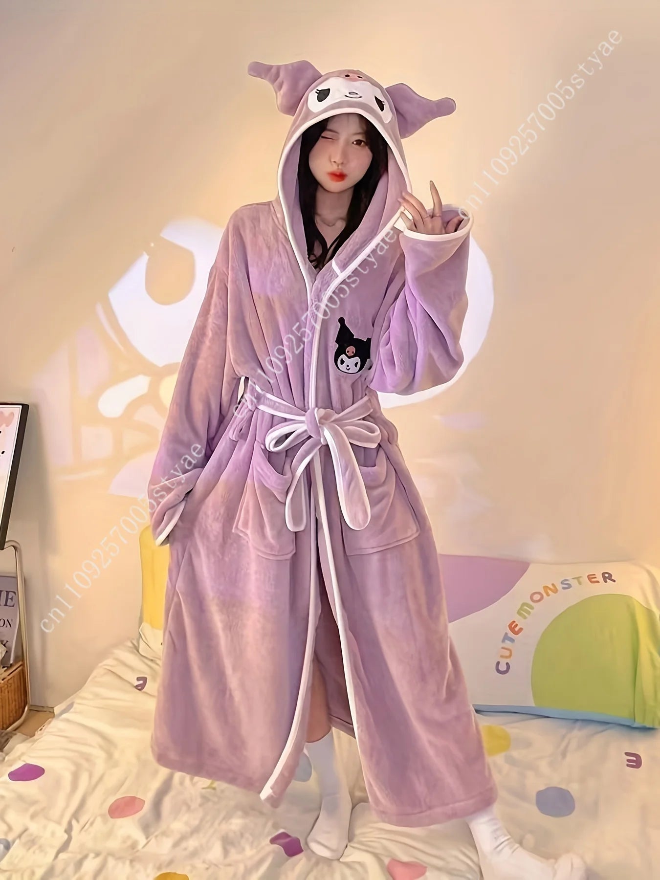 Sanrio My Melody Adorable Hooded Bathrobe with Water-absorbing and Quick-drying Features Cartoon-flannel Bathrobe for Woman