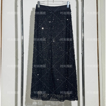 Fashion Heavy Sequin Beaded Cardigan Jacket for Women Slim Fit Bodycon Mid-Length Skirt Trendy Long Sleeve Coat