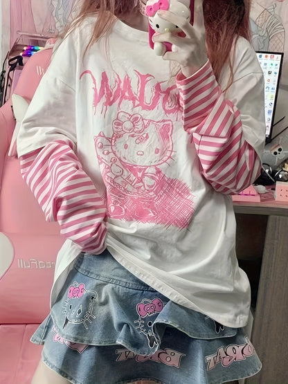 1pc Tops Sanrio Hello Kitty Japanese Sweet Cool T-Shirt Women New Loose False Two Pieces Long Sleeve Kitty Tops Women
