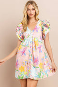 [Size L] Floral Printed Dress in Blush | V Neckline Button Down Mini