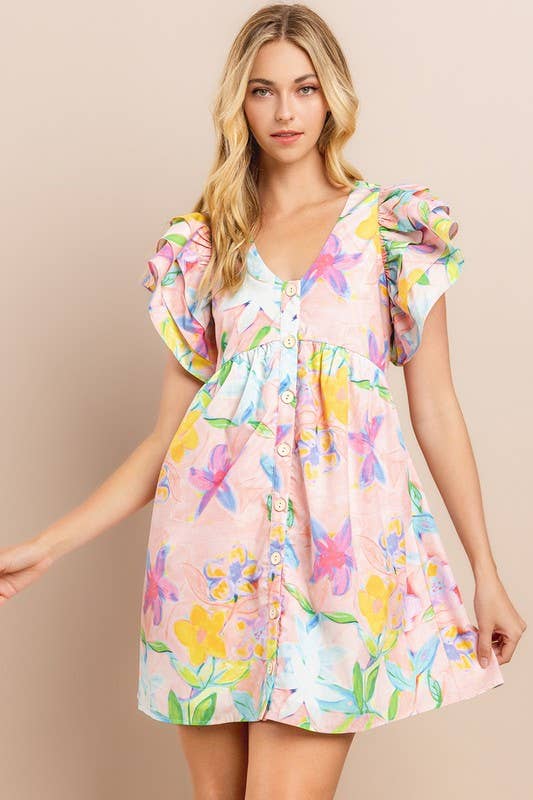 [Size L] Floral Printed Dress in Blush | V Neckline Button Down Mini