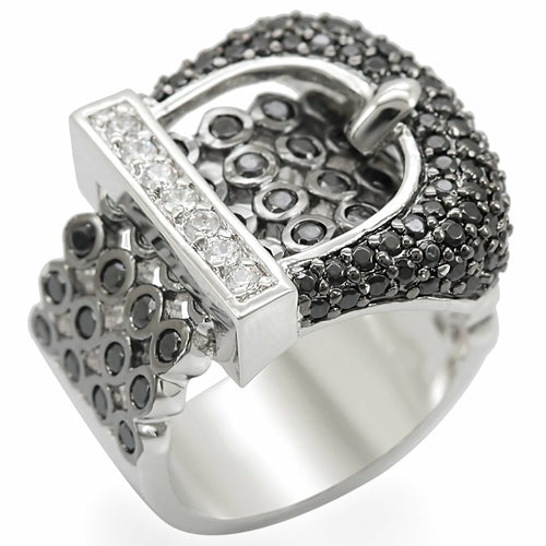 1W048 - Rhodium + Ruthenium Brass Ring with AAA Grade CZ  in Black