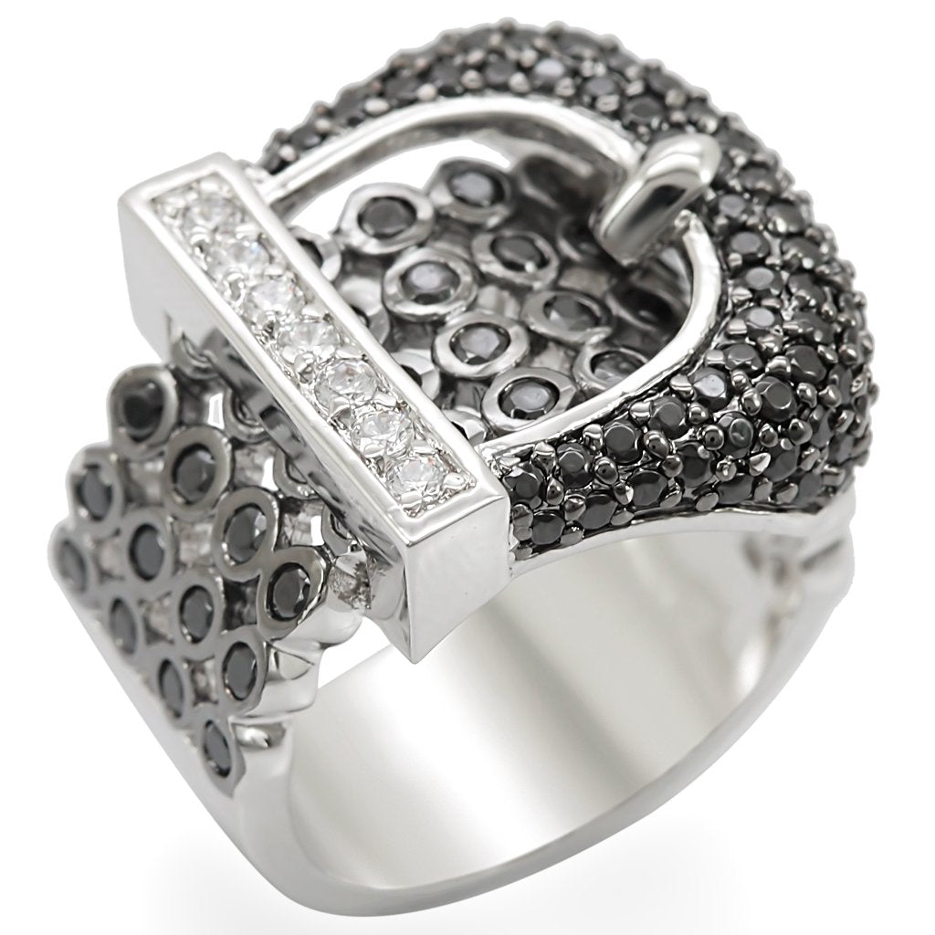 1W048 - Rhodium + Ruthenium Brass Ring with AAA Grade CZ  in Black