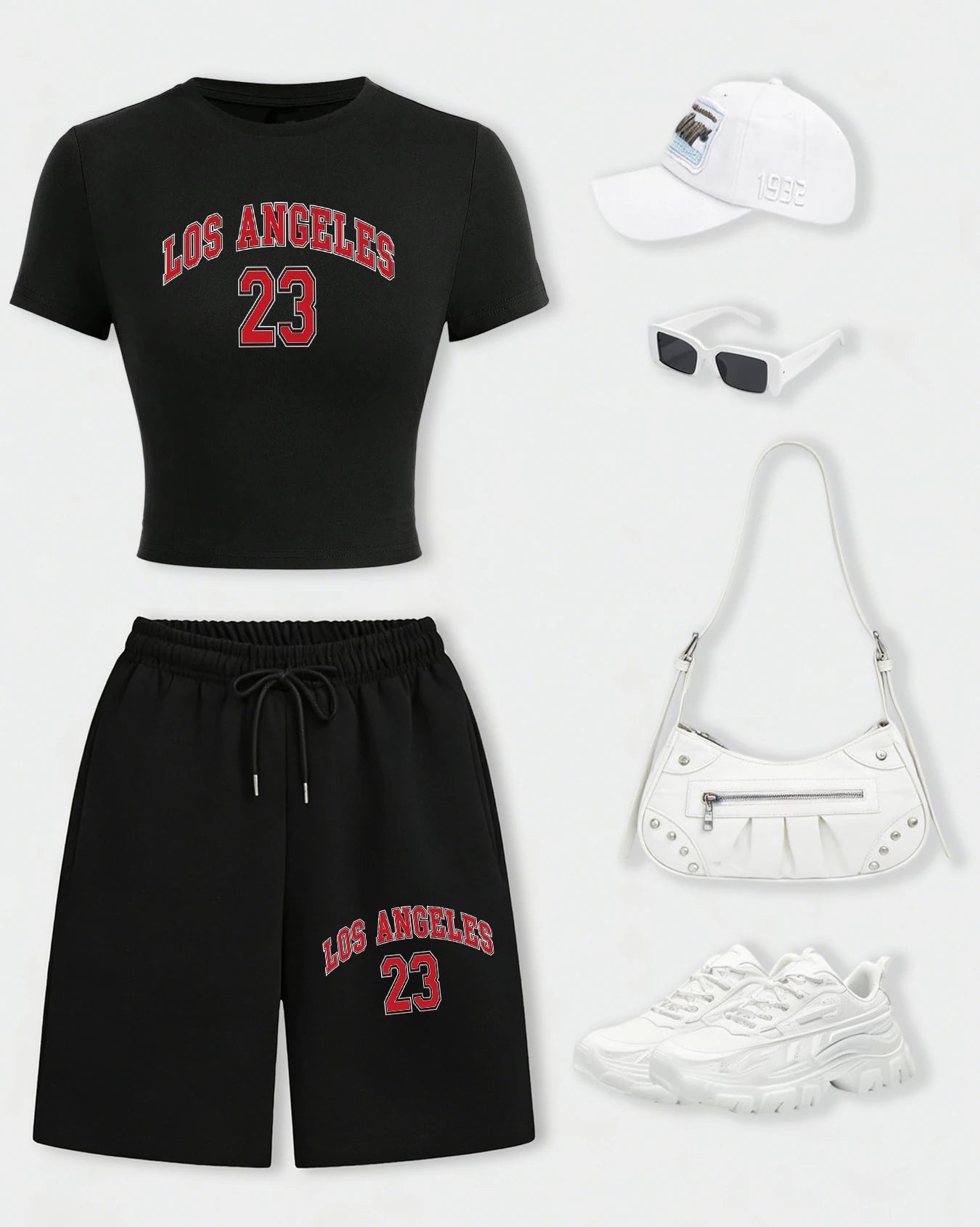 Los Angeles 24 Creative Letter Print T-Shirt Set Women Summer Cotton Crop T Shirt Wide-Leg Shorts Drawstring Pocket Gym Pant