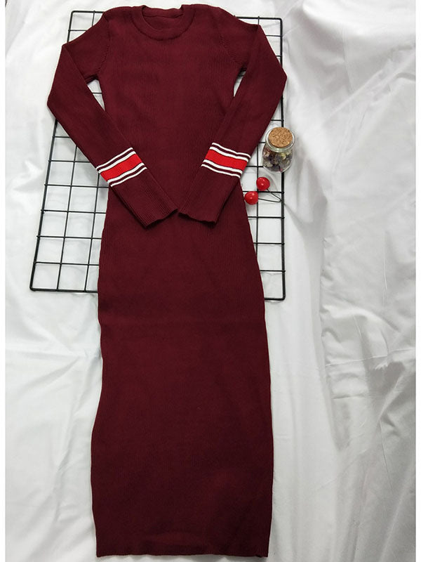 Women Elegant Long Sleeve Bodycon Midi Dress | Slim Fit Mid-Calf Knit