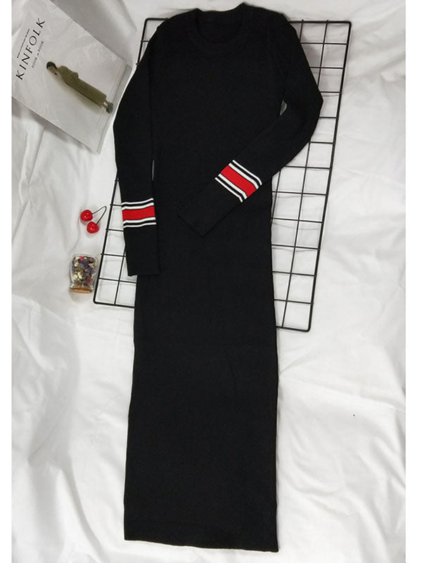 Women Elegant Long Sleeve Bodycon Midi Dress | Slim Fit Mid-Calf Knit