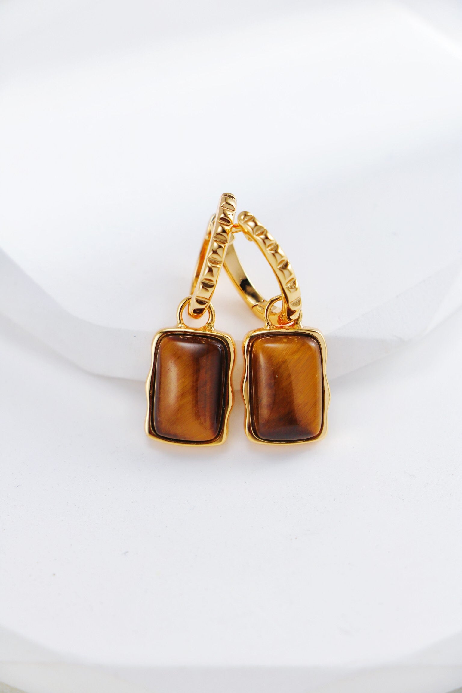 Rectangle Shape Tiger Eye Long Earrings