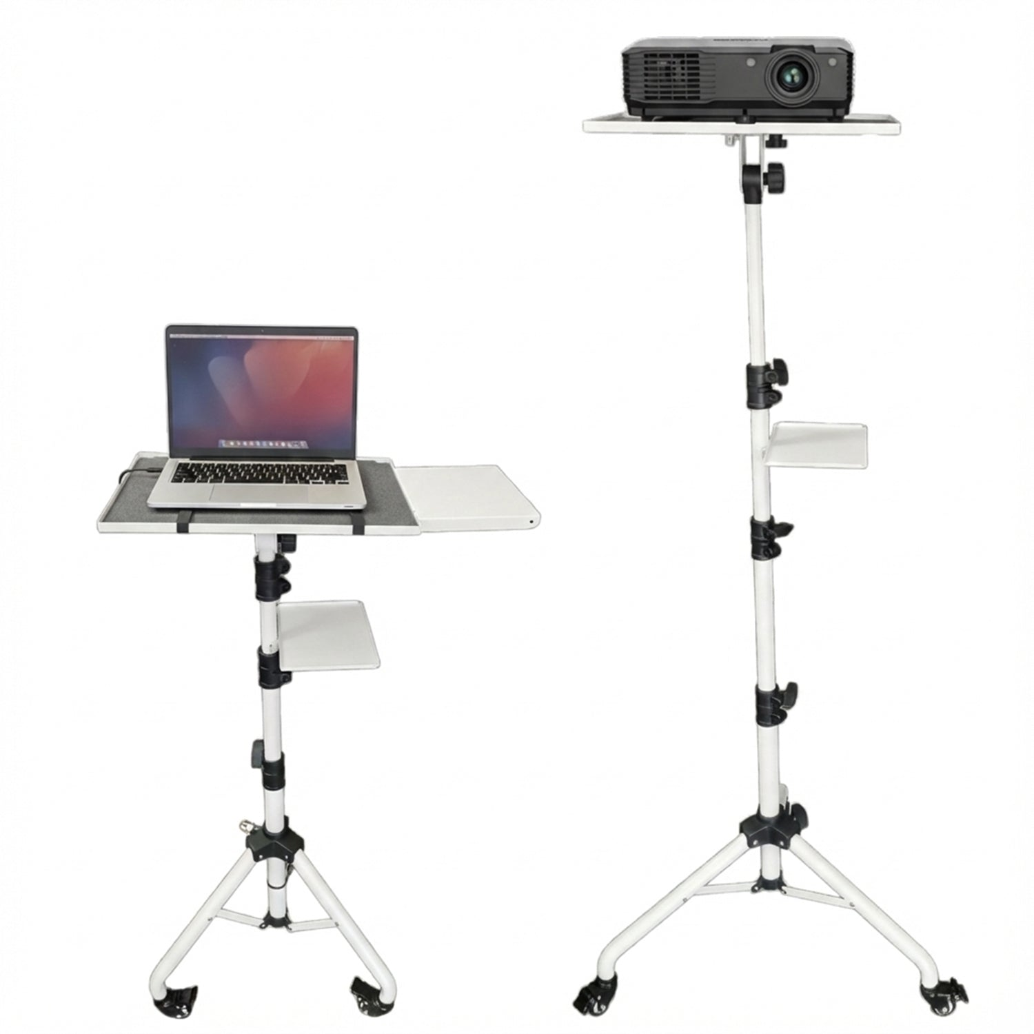 Start2Finish projector stand with adjustable height, two shelves, phone holder, portable tripod for laptops and projectors.