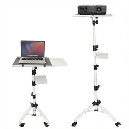 Start2Finish projector stand with adjustable height, two shelves, phone holder, portable tripod for laptops and projectors.