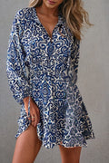 Geometric Ruffled Drawstring V Neck Mini Dress