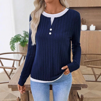 Women' Shirt Longsleeve Round Neck Women T Shirts Ribbed Burgundy Long Sleeve T Shirt Mock Two Piece Black Knit Top
