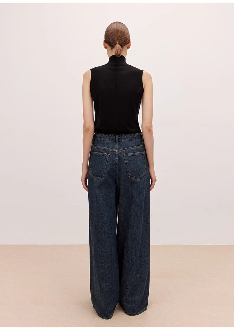 "Retro Blues" fashionable high waist pleated design washed casual wide
