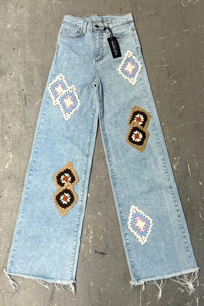 Callie Crochet Jean automotive part by Jade Icarus, featuring intricate crochet design and denim fabric details.