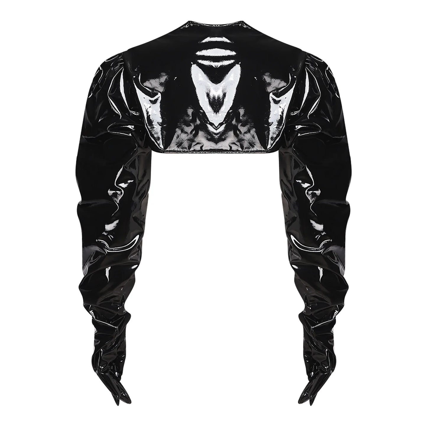 Womens Wet Look PU Leather Cardigan Crop Jacket Puff Loose Long Sleeve Open Front Coat Shrug Shawls with Gloves Party Clubwear