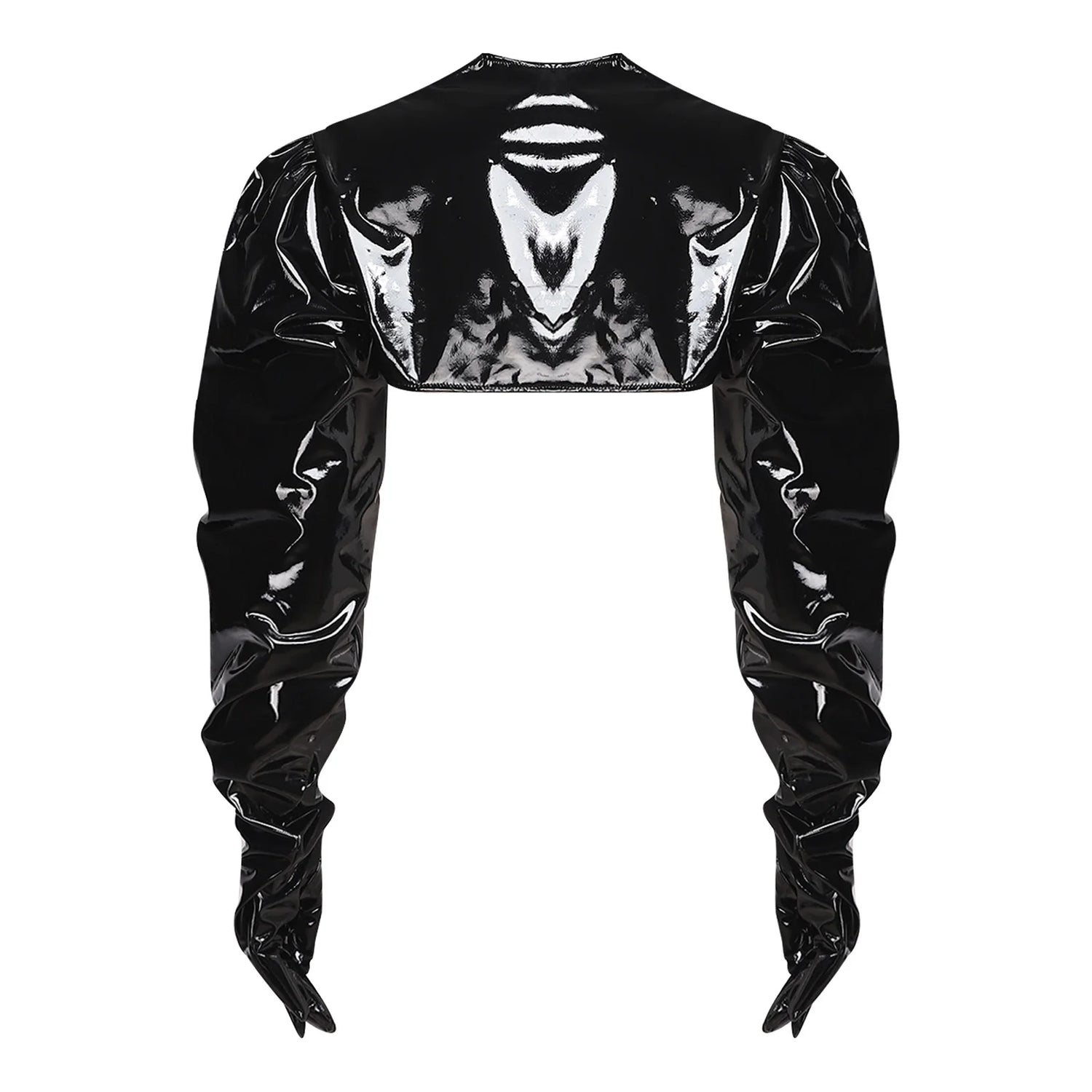 Womens Wet Look PU Leather Cardigan Crop Jacket Puff Loose Long Sleeve Open Front Coat Shrug Shawls with Gloves Party Clubwear