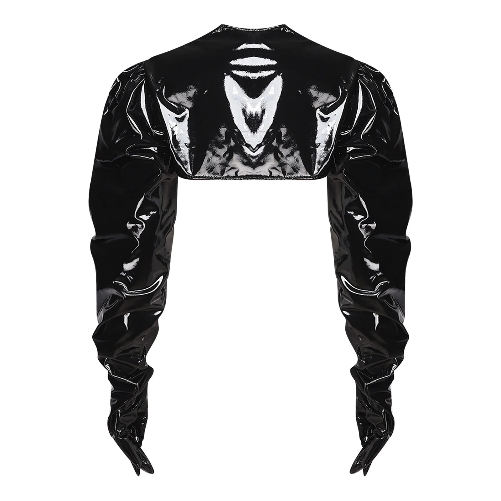 Womens Wet Look PU Leather Cardigan Crop Jacket Puff Loose Long Sleeve Open Front Coat Shrug Shawls with Gloves Party Clubwear