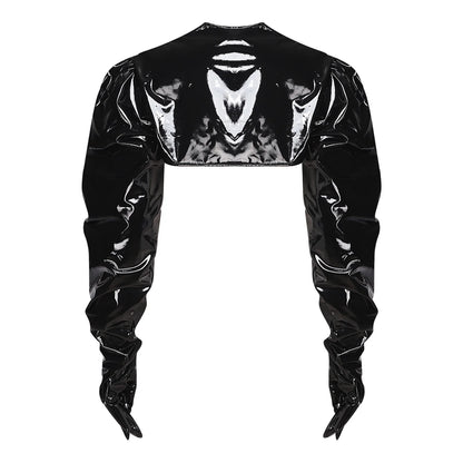 Womens Wet Look PU Leather Cardigan Crop Jacket Puff Loose Long Sleeve Open Front Coat Shrug Shawls with Gloves Party Clubwear