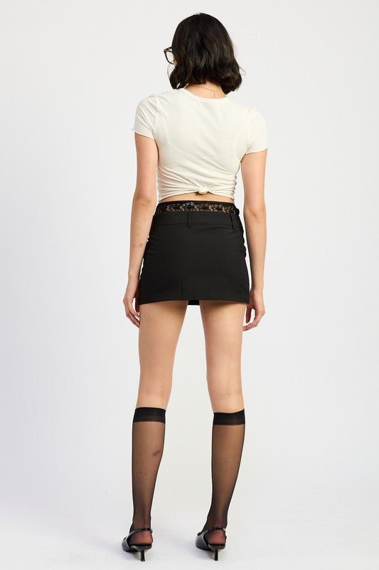 Automotive Jade Icarus Peakaboo lace trim min skirt with detailed lace design, displayed on a vehicle.