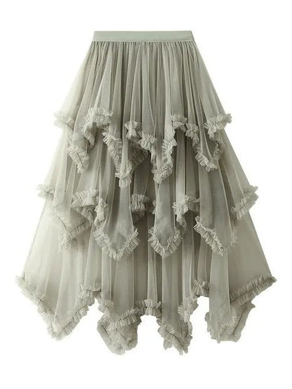 Layered mesh high waist skirt for women by Jade Icarus, showing its flowy design and layered fabric details.