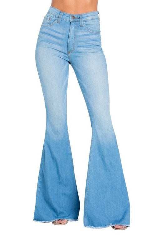 Light wash Jade Icarus Logan Bell Bottom Jean in automotive style, featuring flared legs and classic denim details.