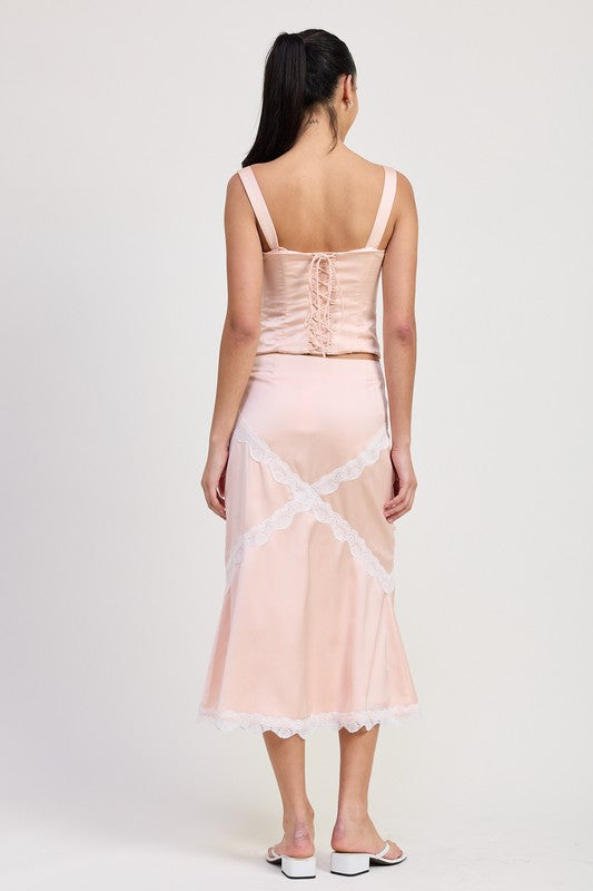 MID SATIN SKIRT WITH LACE DETAIL