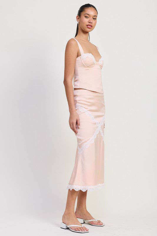 MID SATIN SKIRT WITH LACE DETAIL