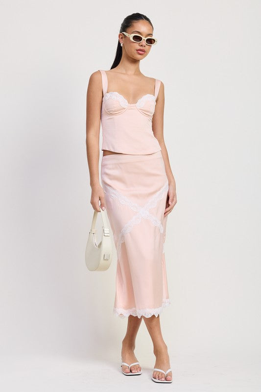 MID SATIN SKIRT WITH LACE DETAIL