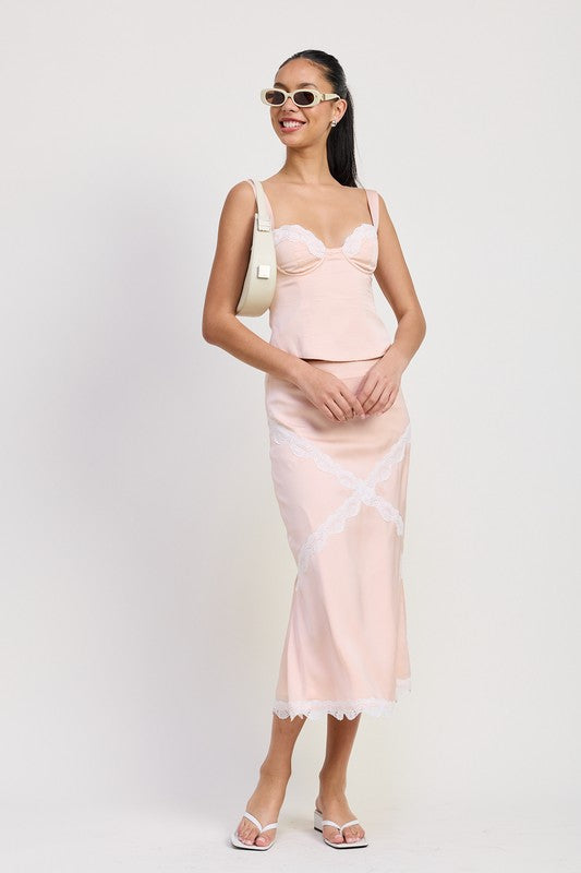MID SATIN SKIRT WITH LACE DETAIL