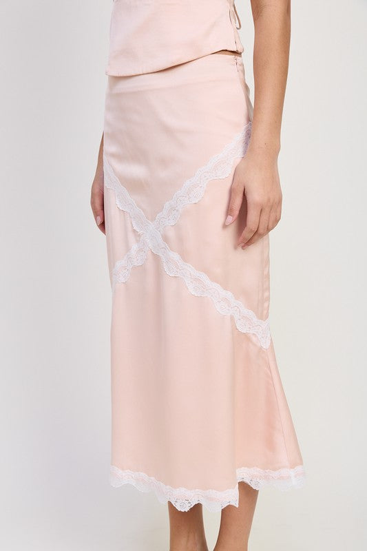MID SATIN SKIRT WITH LACE DETAIL