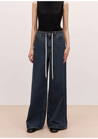 "Retro Blues" fashionable high waist pleated design washed casual wide