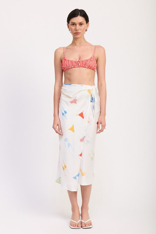 PRINTED SATIN MIDI SKIRT WITH SIDE RUCHE