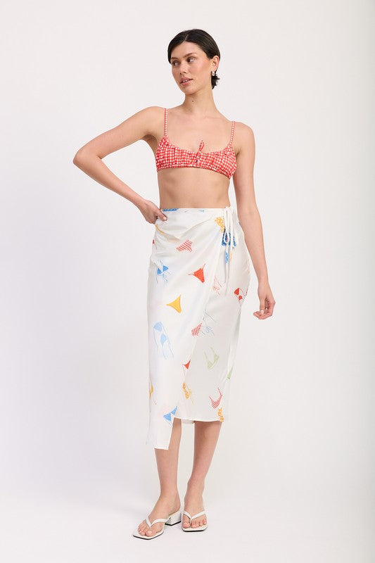 PRINTED SATIN MIDI SKIRT WITH SIDE RUCHE