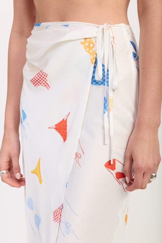 PRINTED SATIN MIDI SKIRT WITH SIDE RUCHE