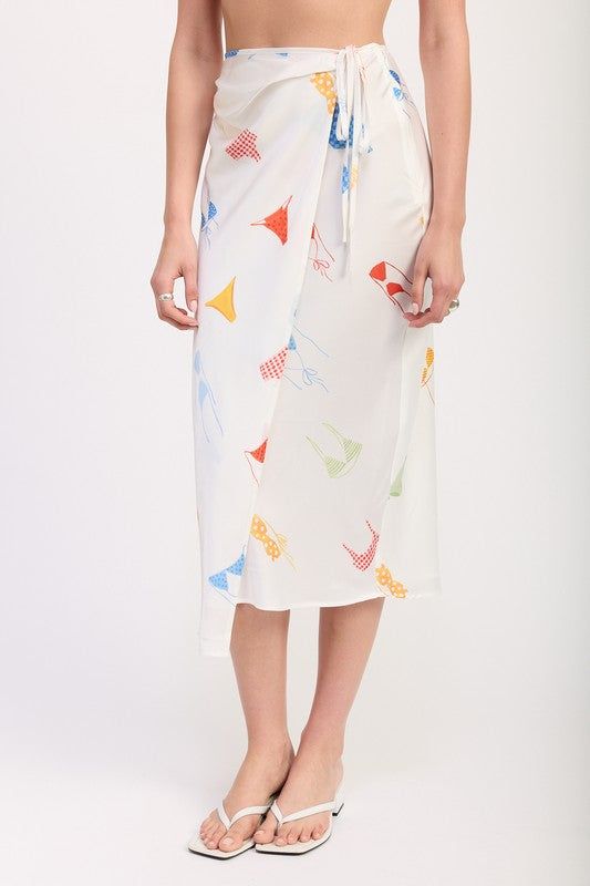 PRINTED SATIN MIDI SKIRT WITH SIDE RUCHE