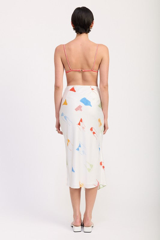 PRINTED SATIN MIDI SKIRT WITH SIDE RUCHE