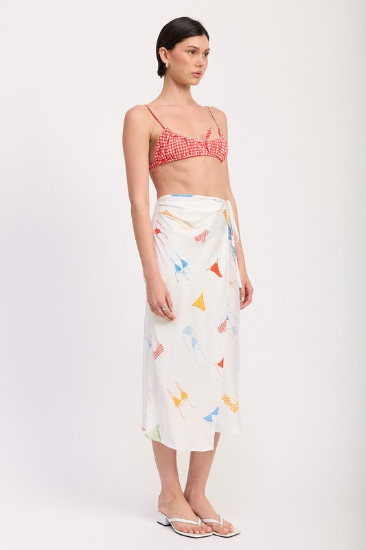 PRINTED SATIN MIDI SKIRT WITH SIDE RUCHE