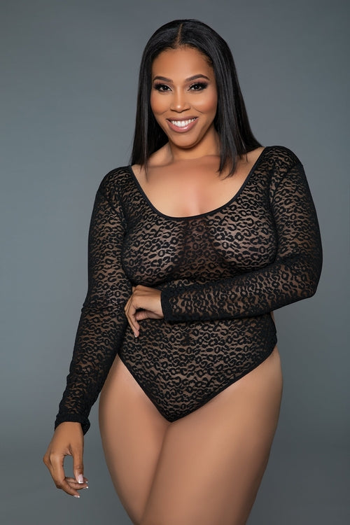 Black The Wildest Bodysuit by Brown Sooty, front view showcasing fitted lingerie with intricate detailing.