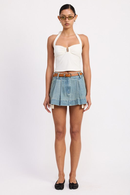 PLEATED DENIM MINI SKIRT WITH CONTRAST HEM DETAIL