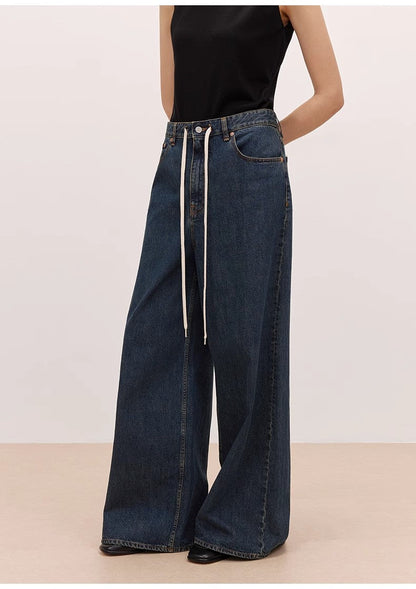 "Retro Blues" fashionable high waist pleated design washed casual wide