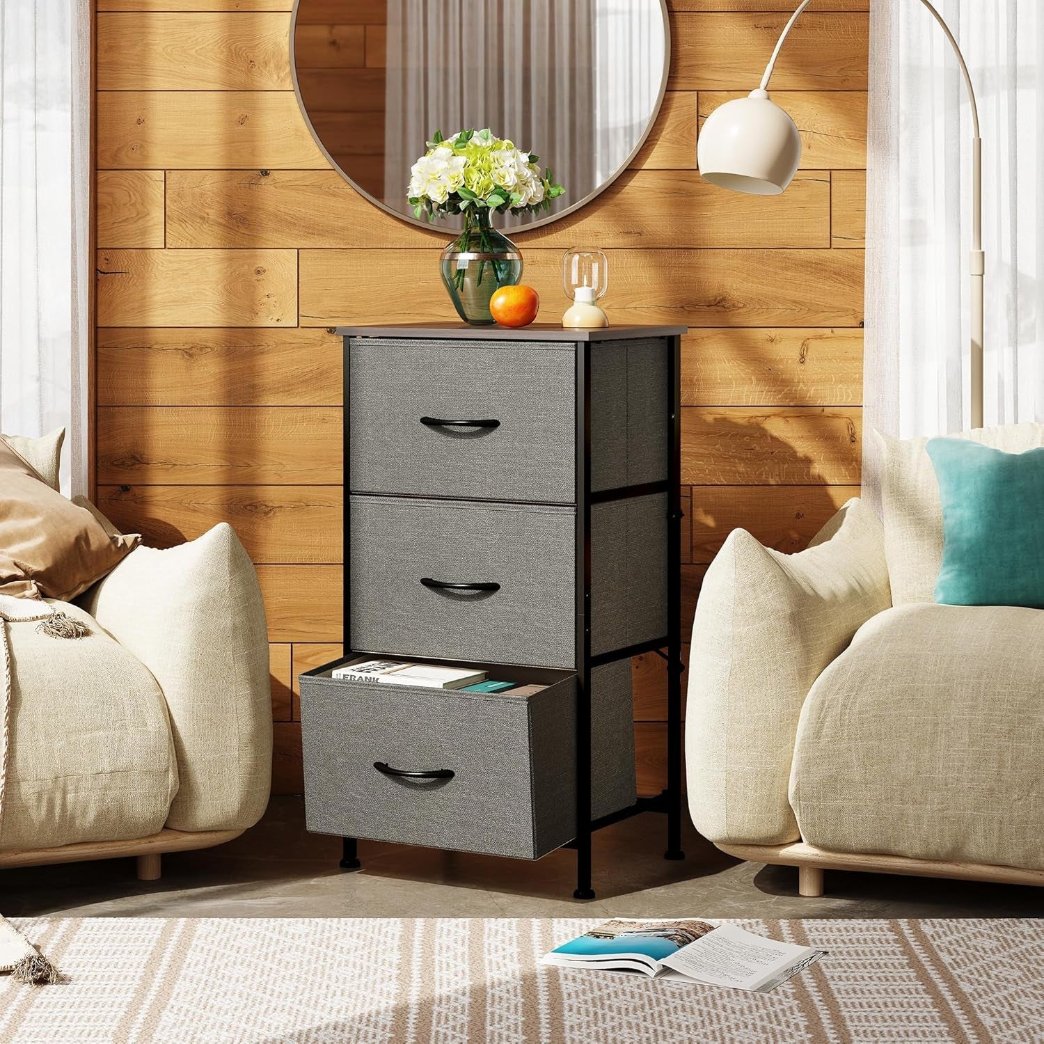 Dark Grey Dresser With 3 Drawers, Steel Frame, Wood Top