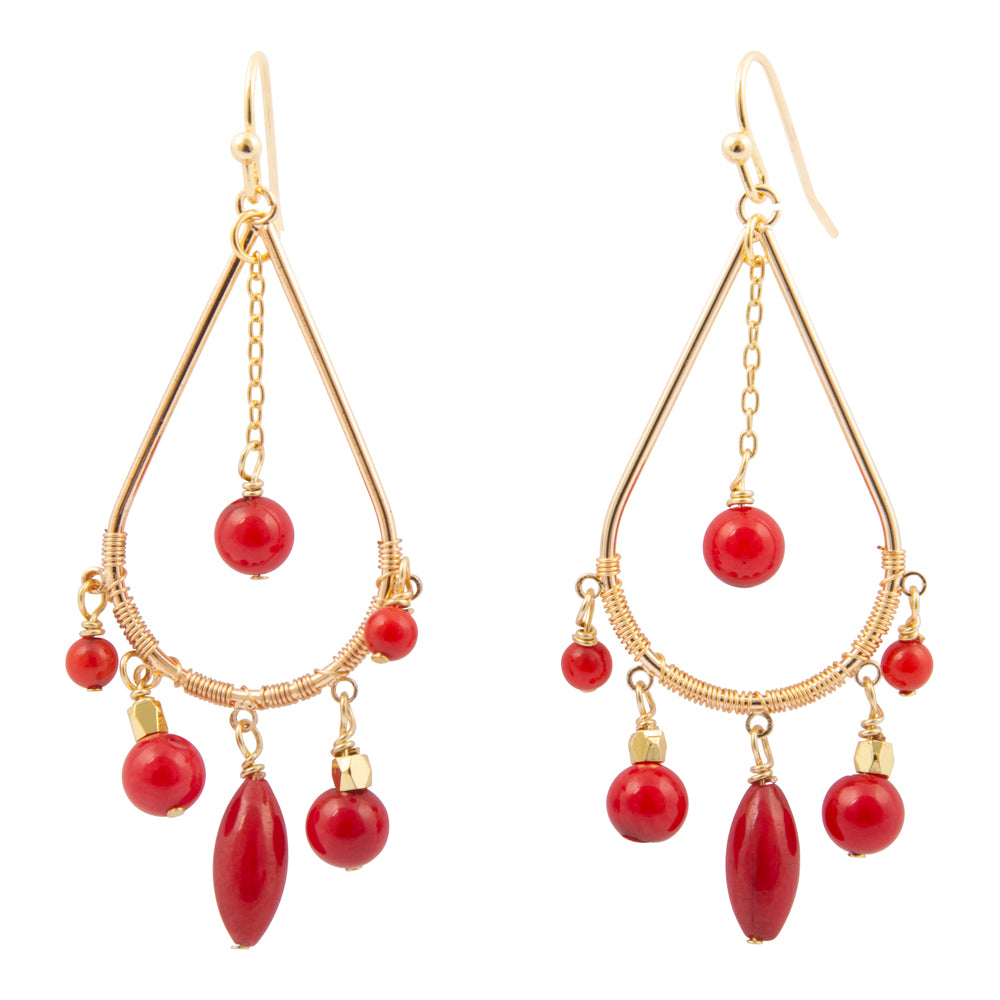 Red Mashan Jade chandelier earrings with gold accents and intricate design, featuring dangling jade and ornate detailing.
