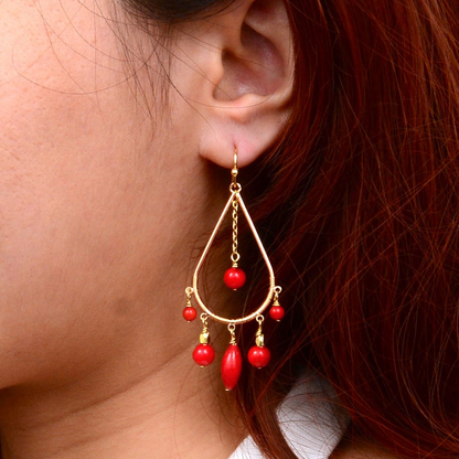 Red Mashan Jade chandelier earrings with golden accents, featuring intricate design and dangling jade beads, by Start2Finish.